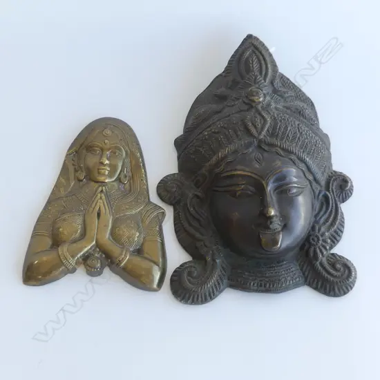 (15) 2 BRASS WALL MASKS ONE BUDDHA OTHER INDIAN FEMALE?