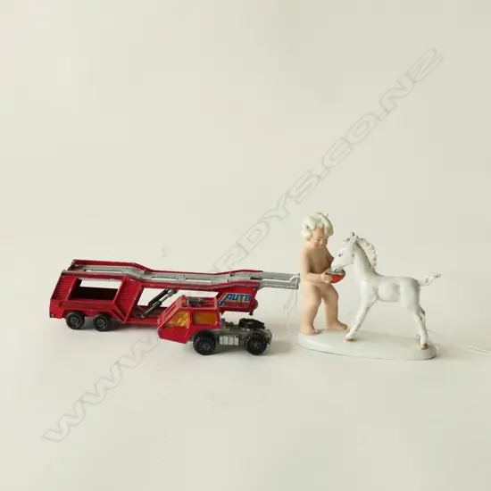 (15) 3 ITEMS: MATCHBOX SUPERKINGS CAR TRANSPORTER & CAR plus POST WAR GERMAN FIGURE OF CHILD WITH PONY