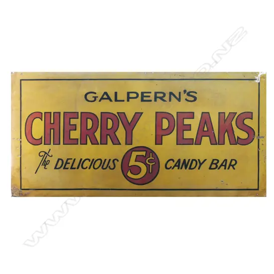 GALPERNS CHERRY PEAKS CANDY BAR TIN ADVERTISING SIGN, 380 x 770mm
