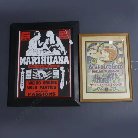 2 x MARIJUANA RELATED FRAMED POSTERS, 540 x 420mm