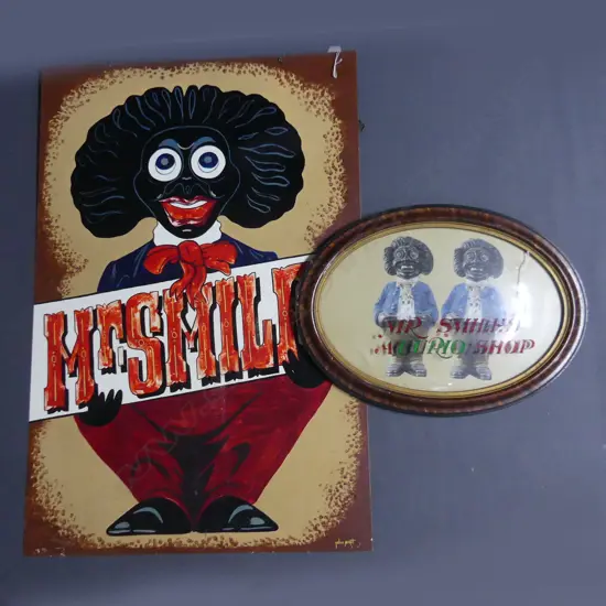 MR SMILES HANDPAINTED TIN SHOP SIGN, 1010 x 680mm + FRAMED MR SMILES 'A CURIO SHOP' SIGN