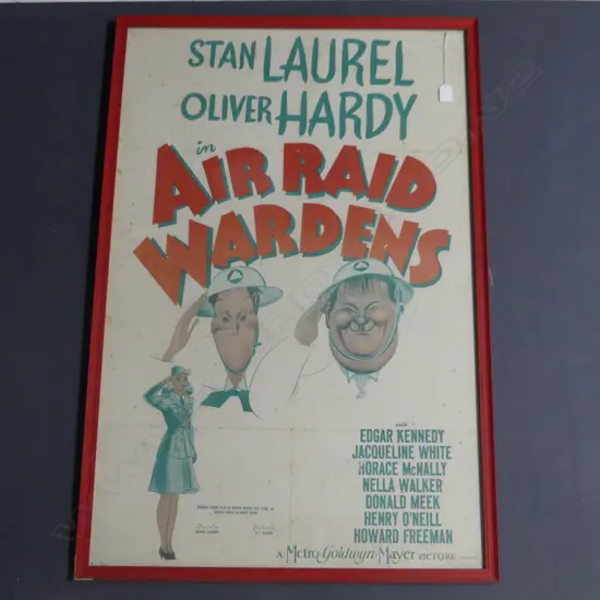 FRAMED LAUREL & HARDY IN 'AIR RAID WARDENS' MOVIE POSTER, PRINTED IN USA ,1000 x 670mm