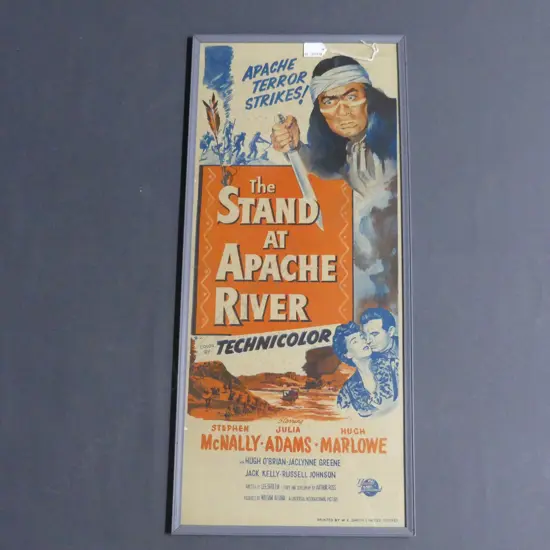 VINTAGE FRAMED DAYBILL FOR 'THE STAND AT APACHE RIVER',.720 x 300mm PRINTED IN SYDNEY