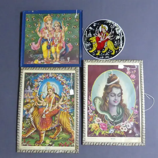 4 INDIAN FRAMED PICTURES FEATURING GODS AND DEITIES THE LARGEST MEASURING, 460 x 330mm