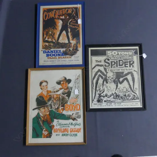 3 x MOVIE POSTERS FRAMED DANIEL BOONE - HOPALONG CASSIDY & THE SPIDER, 490 x 340mm