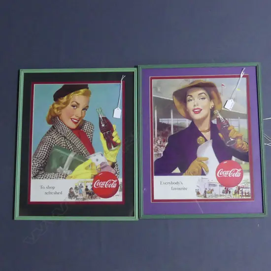 2 x FRAMED VINTAGE COCA COLA ADVERTISING POSTERS,410 x 320mm