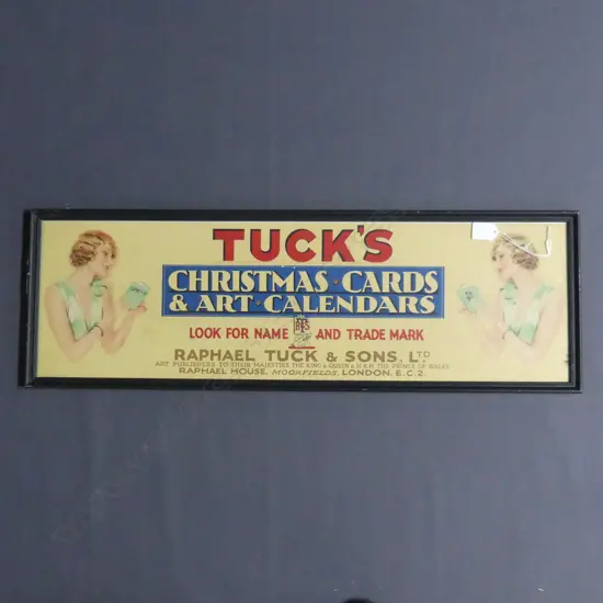 FRAMED VINTAGE TUCKS CHRISTMAS CARDS AND CALENDARS ADVERTISING BANNER, 220 x 740mm