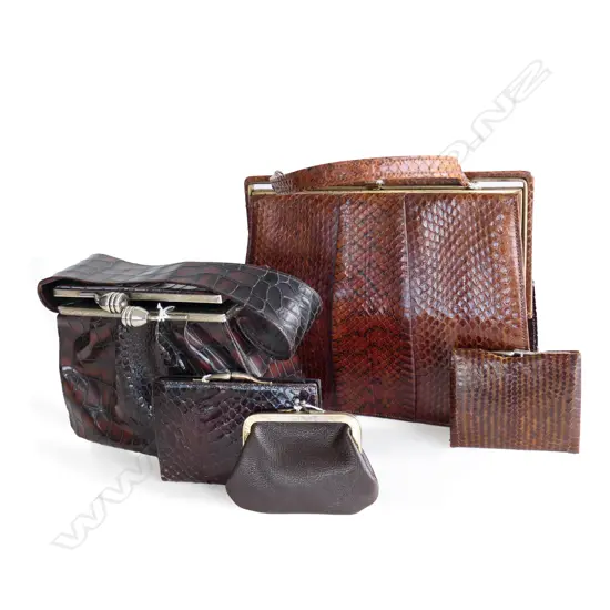 (4) VINT. SNAKESKIN HANDBAG, COIN PURSE & WALLET plus FAUX CROCODILE HANDBAG & COIN PURSE, LARGEST 240 x 200mm