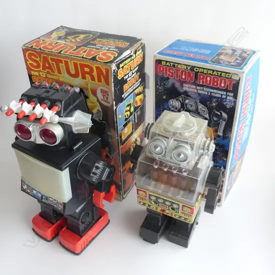 (1) 2 x ROBOTS - THE 13" GIANT WALKING ROBOT & PISTON ROBOT BOTH IN ORIGINAL BOXES