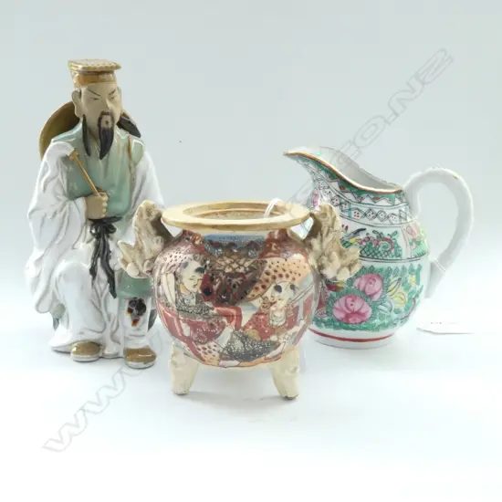 (14) 3 ITEMS - A CHINESE MUDMAN H. 180mm + A JUG & A SATSUMA SENSOR WITH NO LID