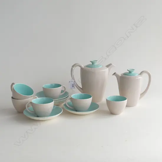 (5) POOLE TWO-TONE BEIGE & TURQUOISE COFFEE POT H. 150mm WATER POT + 5 CUPS & SAUCERS