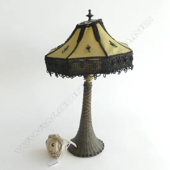 (42) LAMP WITH WOVEN BRASS BASE AND BEADED SHADE CRAFTED BY MR SMILES H. 440