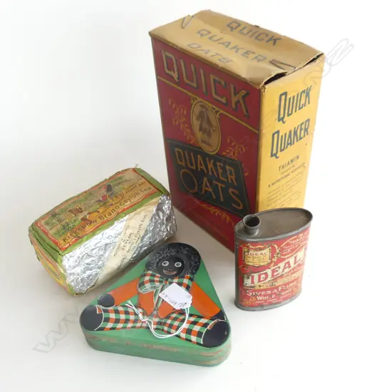4 KITCHENALIA ITEMS INCL. A BLOCK OF TEA QUAKER OATS BOX IDEAL BURNING OIL TIN & BISCUIT TIN