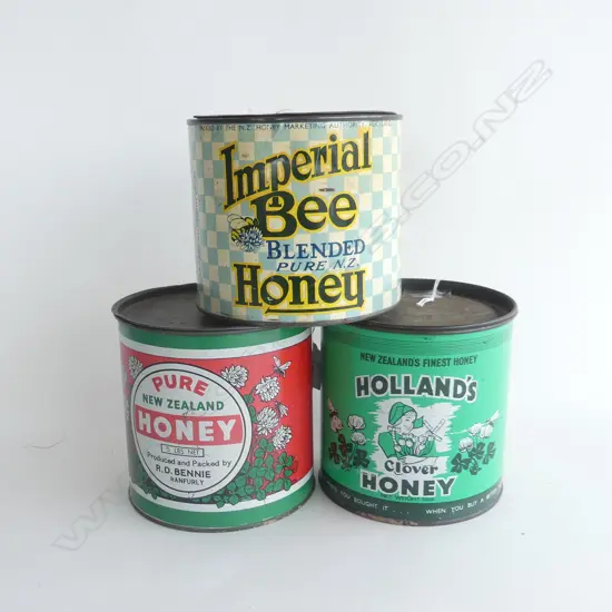 THREE VINTAGE HONEY TINS, INCL. HOLLANDS, IMPERIAL BEE & PURE NZ HONEY