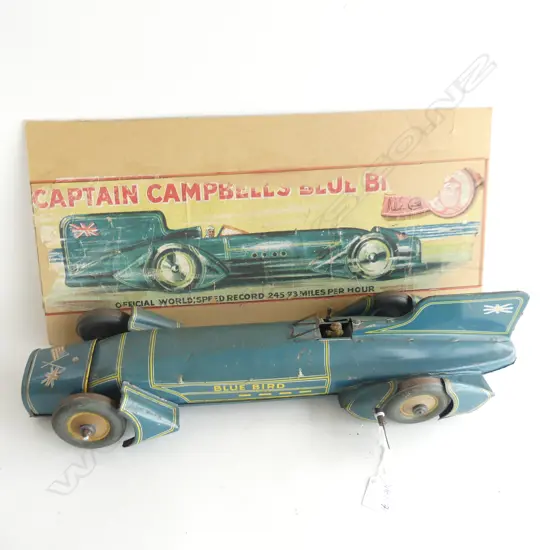GUNTHERMANN ORIGINAL CAPTAIN CAMPBELL’S BLUEBIRD TINPLATE CLOCKWORK LAND SPEED RECORD RACING CAR L. 510mm with part box