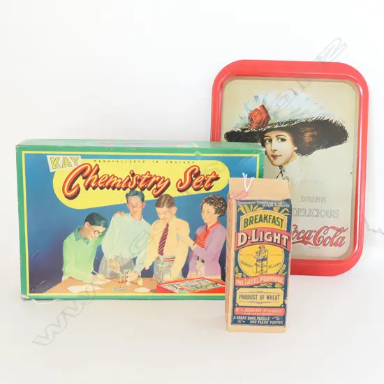 3 ITEMS INCL. BOXED CHEMISTRY SET REPRO COCA-COLA TRAY AND PORRIDGE CARTON