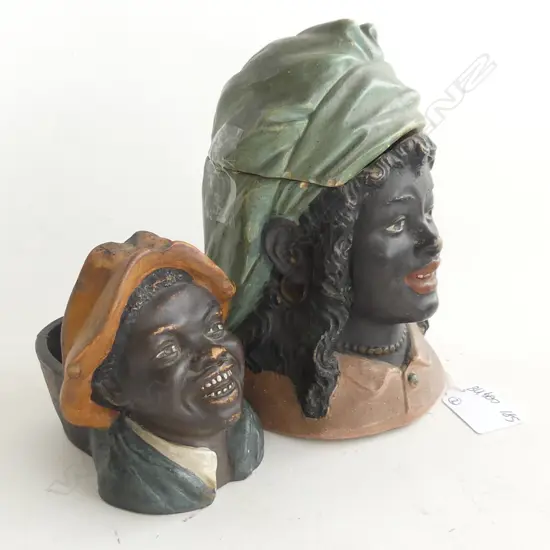 2 CHARACTER BUSTS 1 FEMALE LIDDED BISCUIT BARREL H. 170mm & A MATCH STRIKER