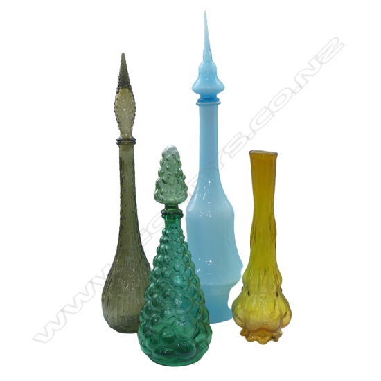 4 1970s GENIE BOTTLES 3 WITH STOPPERS PALE BLUE H. 640mm