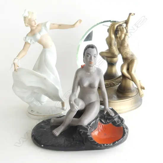 3 FEMALE FIGURINES ON BASES 1 WITH MIRROR 1 GERMAN DANCER H. 260mm & SEATED LADY