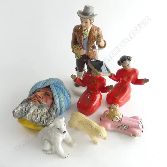 A GROUP OF 7 FIGURINES 2 CHINESE 1 FARMER 1 BOSSONS WALL PLAQUE 2 BEARS AND MISS PIGGY CORGI CAR