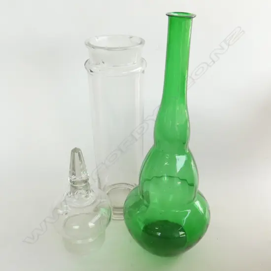 2 TALL GLASS ITEMS 1 LIDDED CANDY JAR H. 610mm & GREEN GOURD SHAPED BOTTLE
