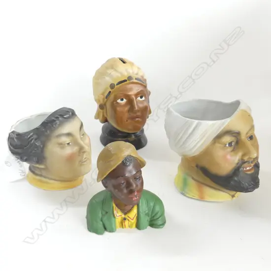 (8) 4 FIGURAL BUSTS 1 INDIAN MONEY BOX AF 2 TOBACCO JARS - NO LIDS AND 1 AF FIGURE