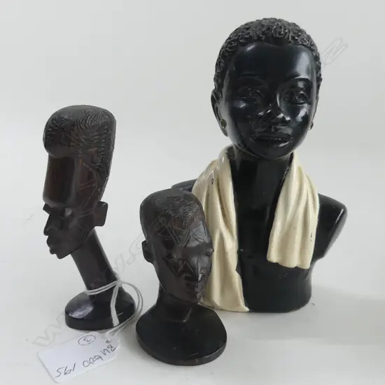 (9) 3 ITEMS 1 LADY WITH A SCARF RD 887413 H. 140mm + 2 CARVED AFRICAN EBONY BUSTS