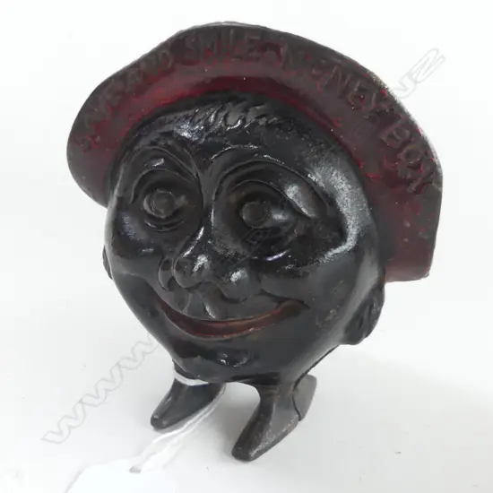 (9) 'SAVE & SMILE' CAST IRON MONEY BOX MADE IN ENGLAND H. 110mm