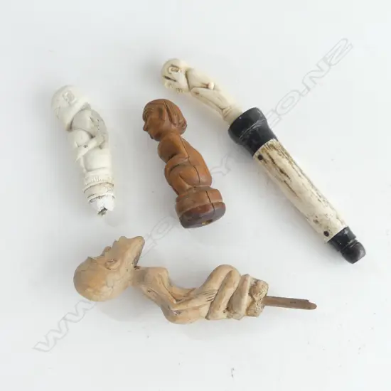 4 CARVED AFRICAN FINIAL FIGURES 2 WOOD + 2 BONE H. 210mm