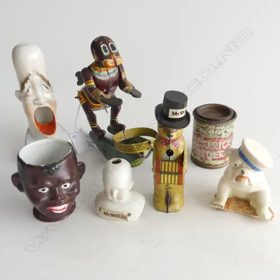 7 ITEMS INCL 3 CLOCKWORK TIN TOYS + MR SMILES DEDICATED ITEMS + CHARACTER VASE