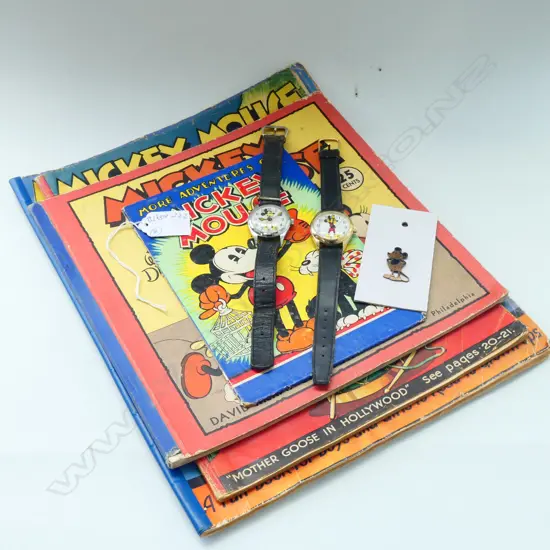 7 x MICKEY MOUSE ITEMS 4 PRINTED EPHEMERA + 2 WATCHES & BROOCH