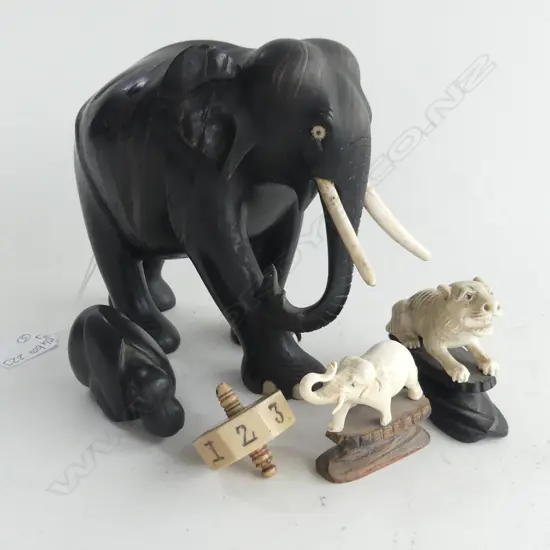 5 ITEMS EBONY ELEPHANT H. 150mm + ELEPHANT AND TIGER ON STAND + CARVED STONE MOTHER & CHILD + BONE SPINNER