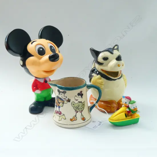 MICKEY MOUSE LOT INCL CREAMER + JUG + TALKING MICKEY H. 180mm + FRICTION HUEY DUEY & LOUIE