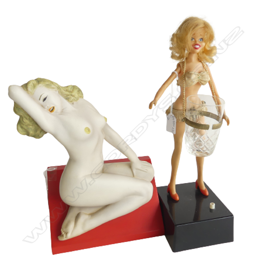 2 FEMALE FIGURINES ON PLINTH GOGO GIRL H. 400mm + MARILYN ON RED STAND signed J.Haines. 12/15 Ltd Ed