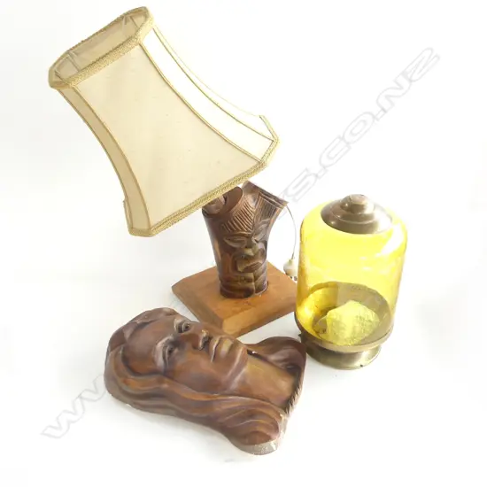 3 ITEMS HANGING GLASS LAMP ON CHAINS + PLASTER FEMALE BUST + TIKI CULTURE WOODEN FIGURAL LAMP WITH SHADE H. 430mm