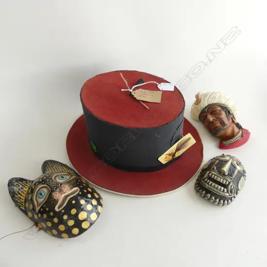 4 ITEMS INCL. 'MR SMILES PROTOTYPE MAGIC HAT' H. 160mm  + INDIAN & CAT WALL MASKS + BOSSONS ARAB WALL BUST