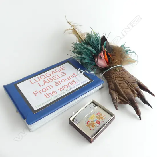 (90) (87) GROUP ITEMS CROCODILE CLAW WITH FEATHERS LUGGAGE LABELS & LIGHTER & PANAMA PICS