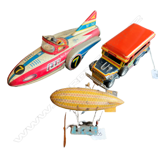 (28) TIN PHILIPINES TAXI + TIN ZEPPELIN WITH PROPELLER & KEY 1930s  + TIN PLATE FRICTION ROCKET