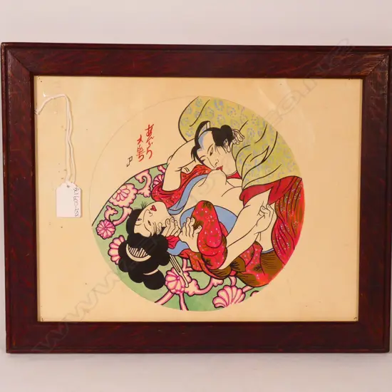 AN ORIGINAL JOHN PRATT SIGNED W/C JAPANESE SHUNGA SCENE D. 215mm IN AN OLD OAK FRAME UNDER GLASS