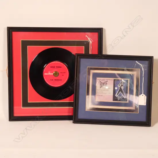 2 ITEMS INCL FRAMED DAID BOWIE TICKET + A FRAMED 45 OF 'WILD THING' BY 'THE TROGGS' H. 270mm