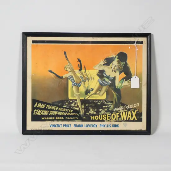 A FRAMED 'HOUSE OF WAX' STARRING VINCENT PRICE LOBBY CARD FROM 1953 W. 320mm