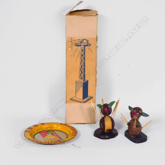 PAIR OF VINTAGE NUT COCKTAIL STICK HOLDERS + TIN TORCHLIGHT MINI TRAY + RAILWAY ELECTRIC BOX ON ORIG. BOX H. 260mm