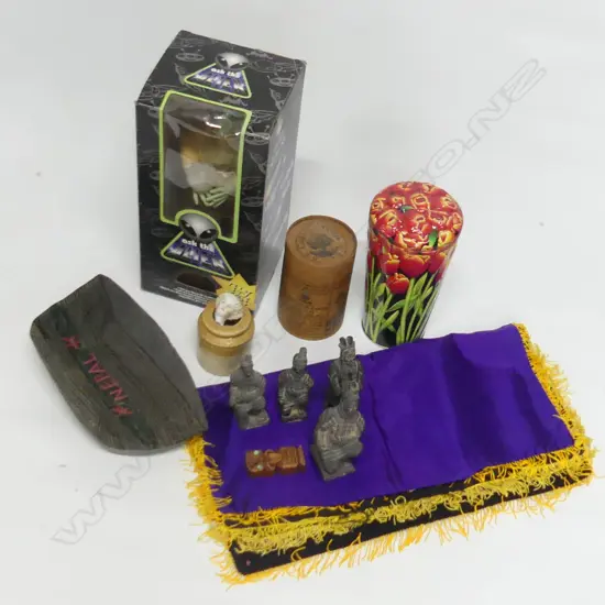 A BOX LOT INCL "ASK THE ALIEN' TOY H. 310mm NZ CUSHION COVERS ETC