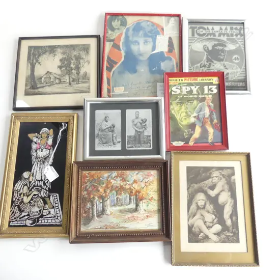 A MISC GROUP OF 7 PICTURES INCL A SIGNED SKETCH + A PICTURE MADE FROM CHOCOLATE WRAPPERS H. 240 x 115mm