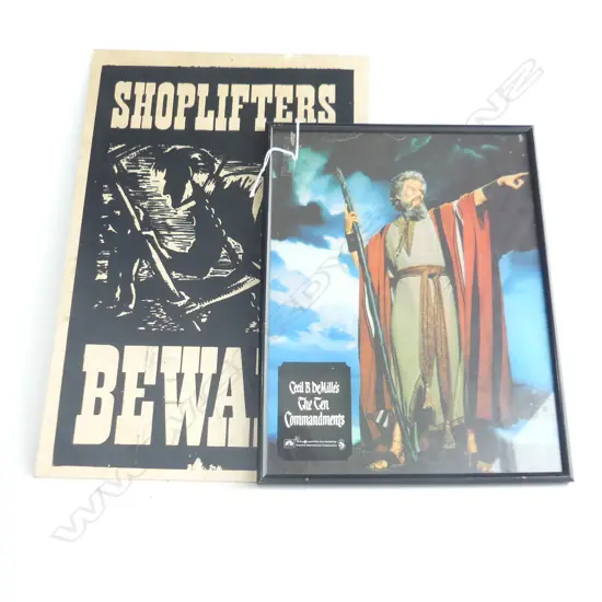 (87) 2 ITEMS 'THE TEN COMMANDMENTS' SMALL FRAMED POSTER,H,290mm & 'SHOPLIFTERS BEWARE',H.380mm