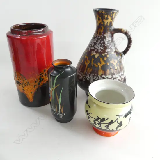 4 VASES 2 x WEST GERMAN H. 220mm + 1 SHELLEY KINGFISHER AF + 1 PETER PAN VASE BY NEWPORT