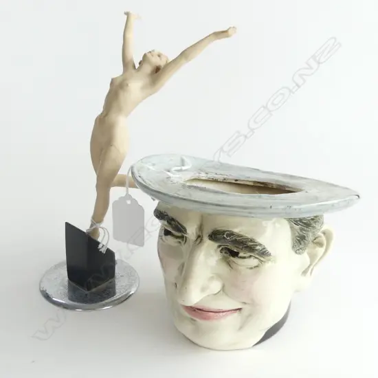 (72) 2 CERAMIC FIGURES A TOBACCO JAR AS GENTLEMEN IN HAT ( PART MISSING ) &  FEMALE DANCER ON STAND (REPAIRED), H.200mm