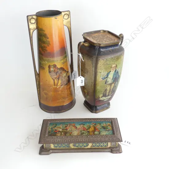 (67) 3 EDWARDIAN BISQUIT TINS ONE LIDDED WITH MR PICKWICK DETAIL, H.260mm