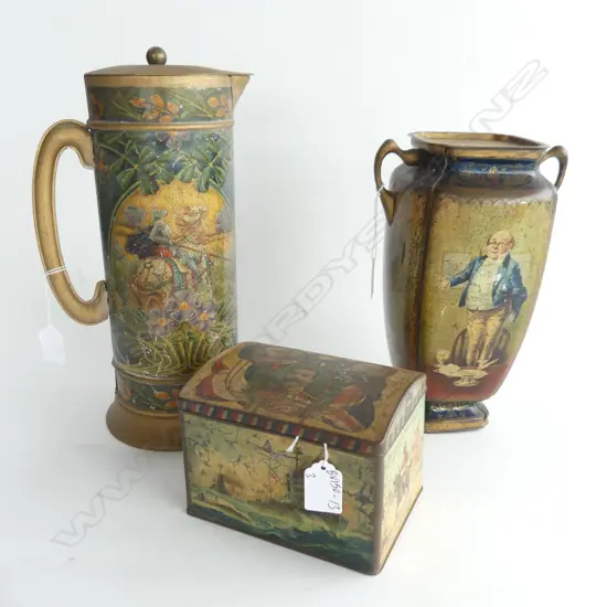 (67) 3 1ST WW BISQUIT TINS ONE DEPICTS NAVAL BATTLE ONE MR PICKWICK, H.265mm