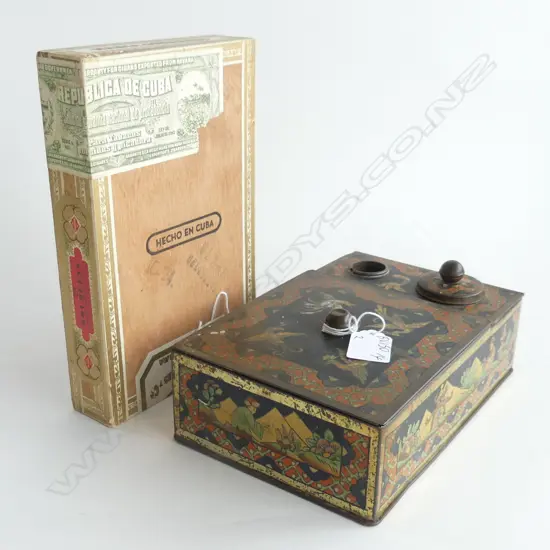 (67) 2 ITEMS TIN DESKSET FAUX LACQUER DECORATION & BX UNOPENED CUBAN CIGARS
